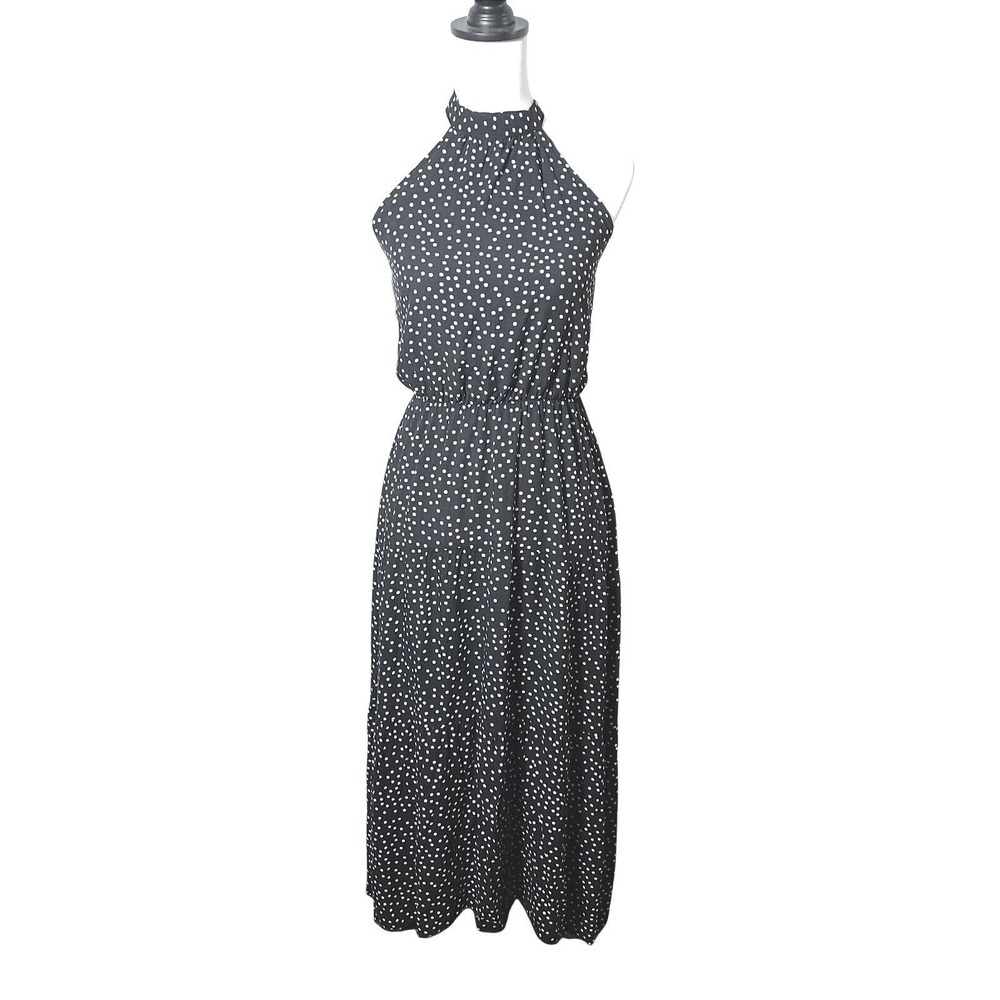 Elings Navy Polka Dot Halter Maxi Dress Viscose Small Sleeveless Back Tie Boho